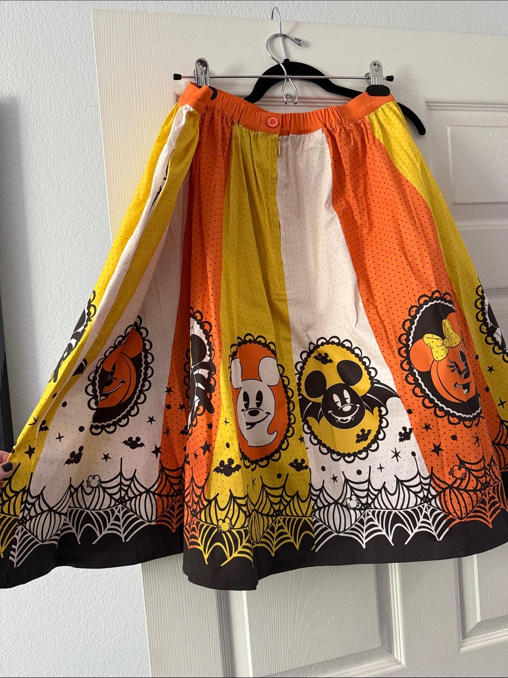 Loungefly Halloween Mickey and Minnie Panel Skirt in Orange, Yellow, White - Picture 5 of 6